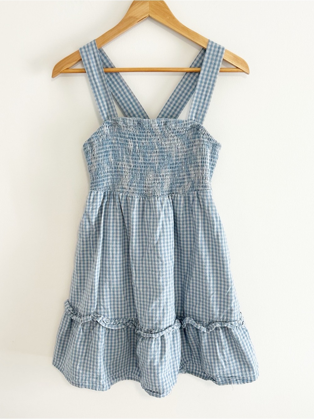 HEYSON gingham sleeveless smocked tiered ruffled mini dress blue